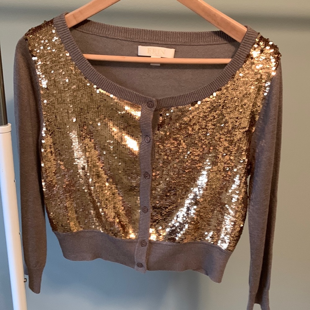 ERIN by Erin Fetherston Gold Sequin Front Gray Cardigan Sweater